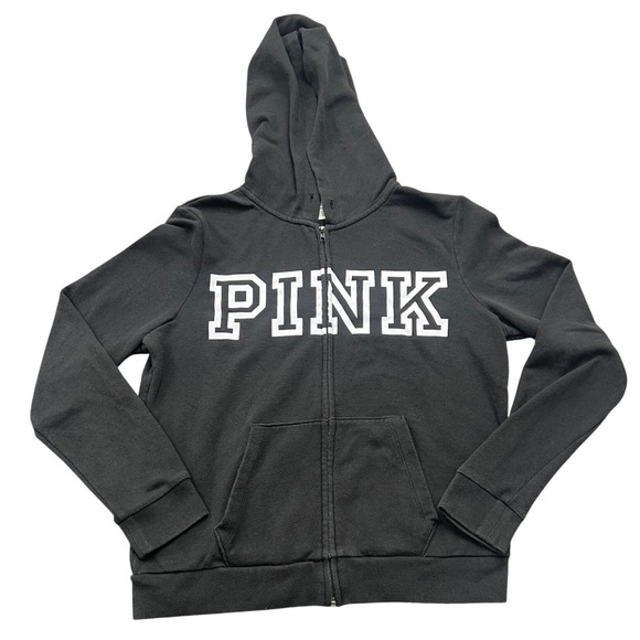 PINK Victoria's Secret Tops - Victoria's Secret‎ PINK Black Full Zip Logo Hoodie Sweatshirt Womens Medium